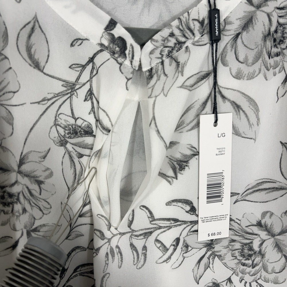 Tahari Blouse White Black Floral Flutter Short Sleeve NWT L Sheer Lined Career - Picture 5 of 13